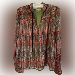 CIEBON Metallic Print Top with Sheer Sleeves, Size M
